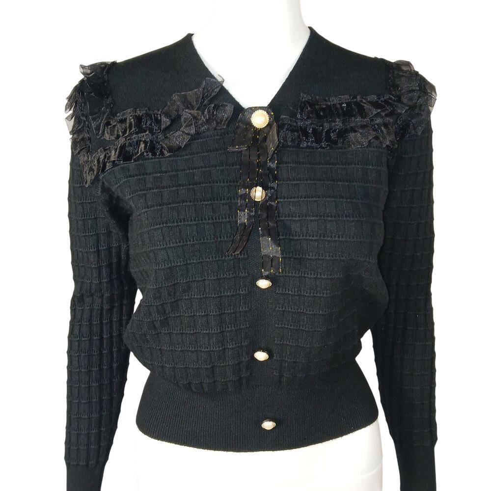 Gothic Lolita Kebeya Black Longsleeve Womens Top Waffle Knit Bow Frilly Goth Fem